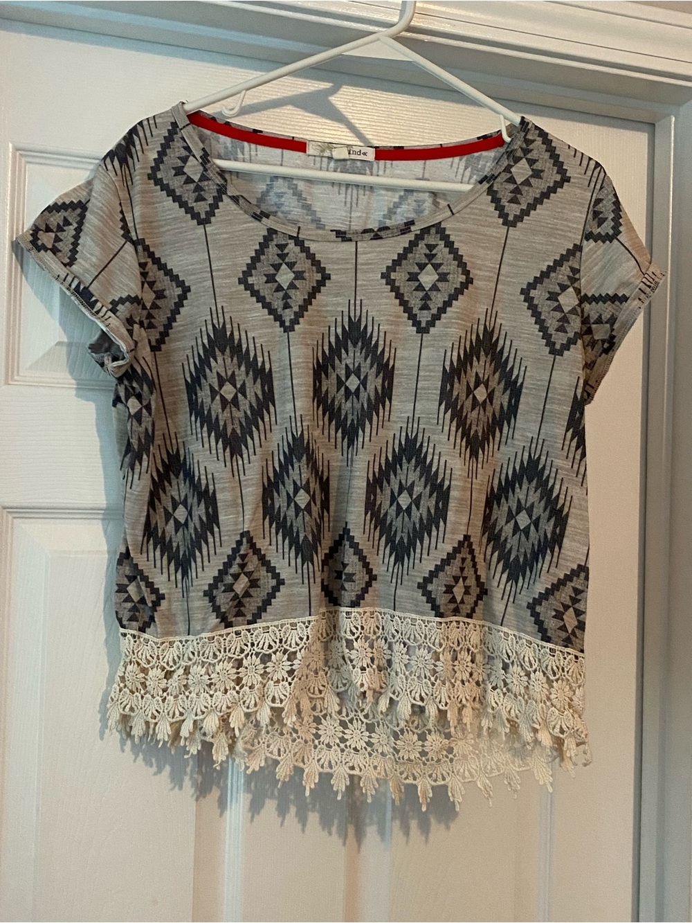 Rewind Cream Aztec Crochet-Hem Crop Top with Black Pattern